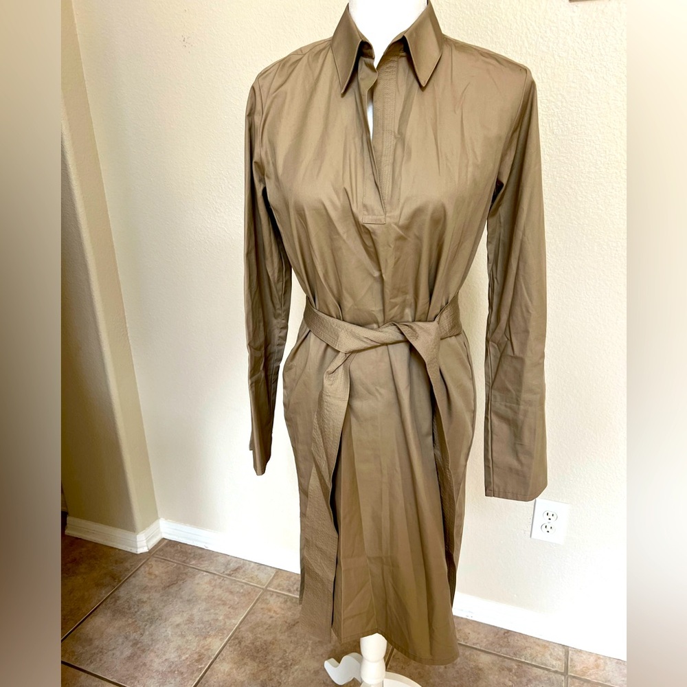 Claridge & King sm khaki tan cotton belted shirt dress popover